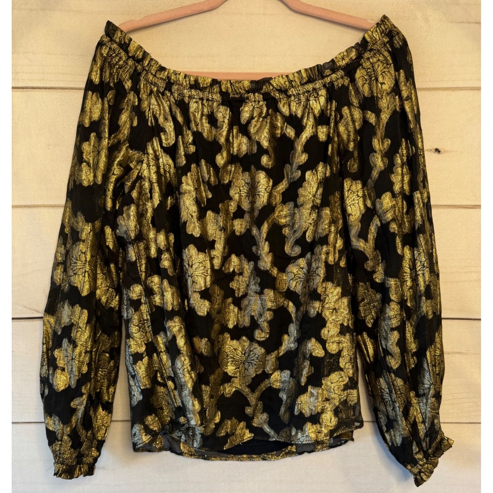 Hale Bob Los Angeles Gold Metallic Floral Brocade Off Shoulder Blouse S 19YT2074